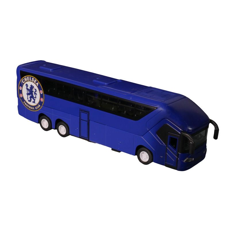Autobús de juguete azul del Chelsea FC, vista lateral, ideal para coleccionistas